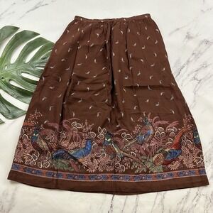Evelyn de Jonge Womens Vintage Midi Skirt Size 10 Brown Pheasant Birds Floral
